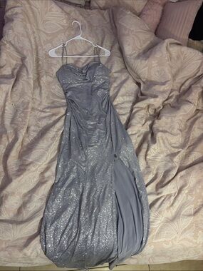 Silver Sparkle Strapless Prom Dress with Side Slit